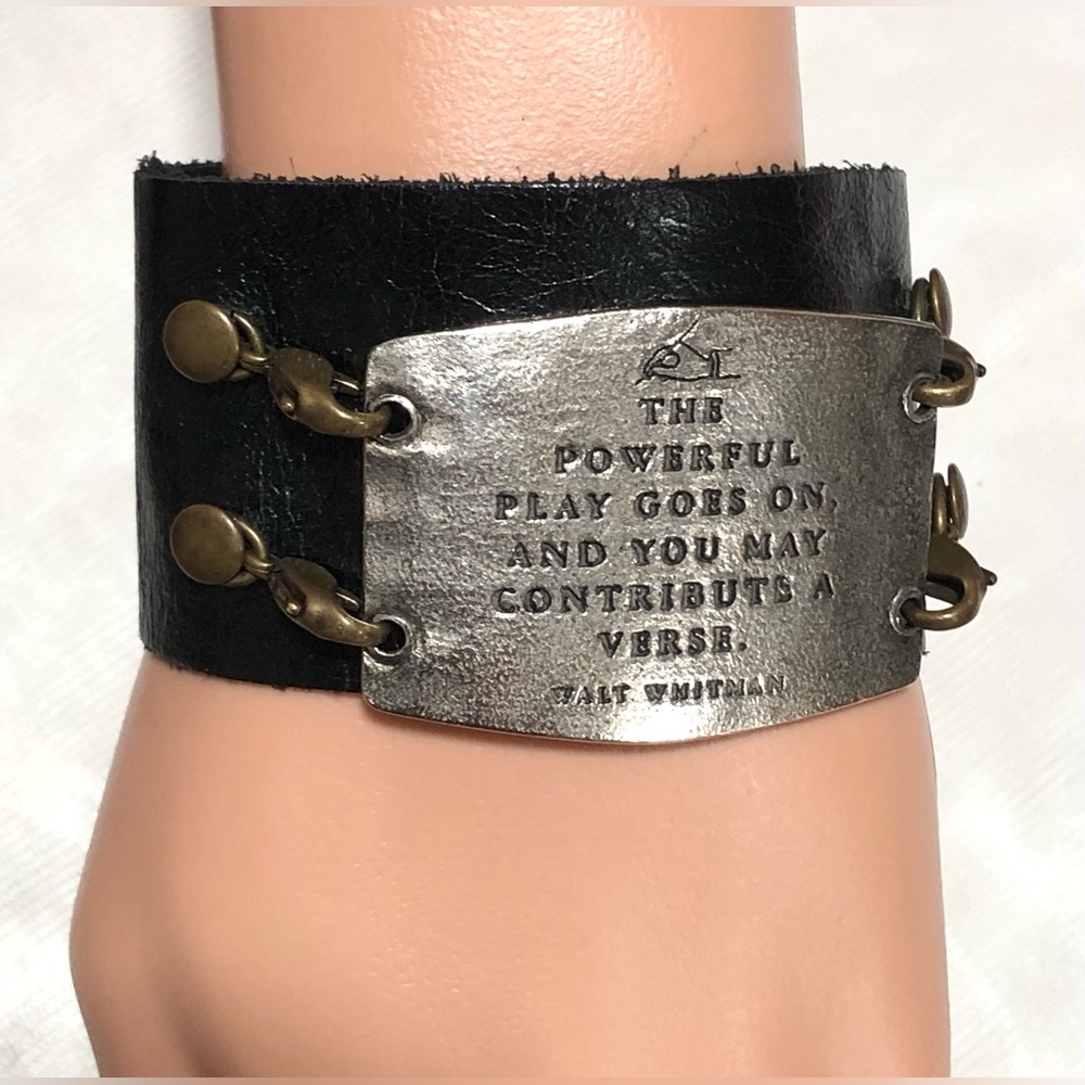 Black Leather Cuff Bracelet with Inspirational Plate